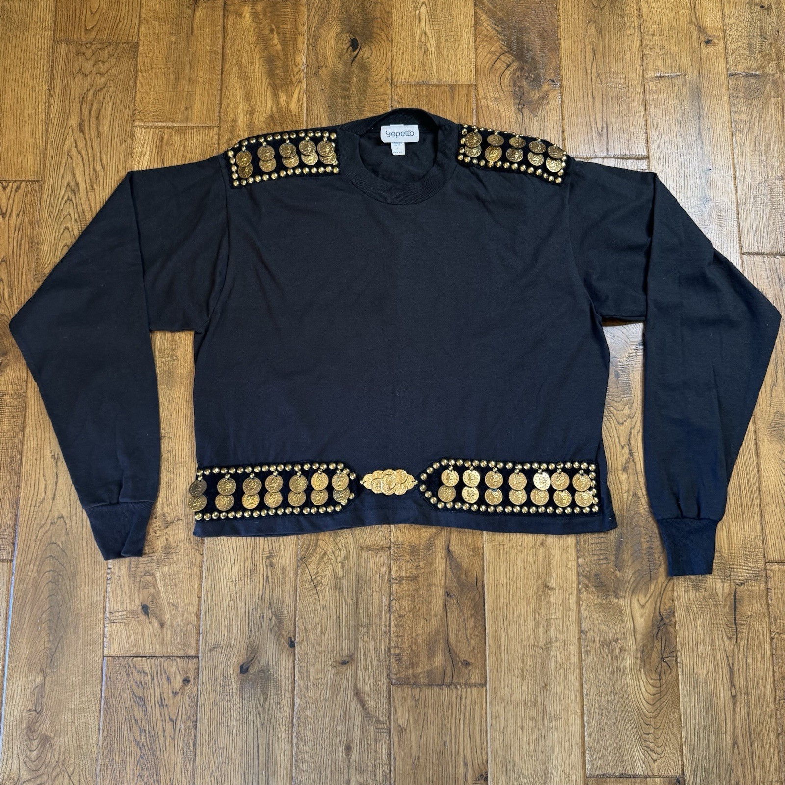 VTG Gepetto Long Sleeve Top With Gold Coin and Studded Embellishments Womens L