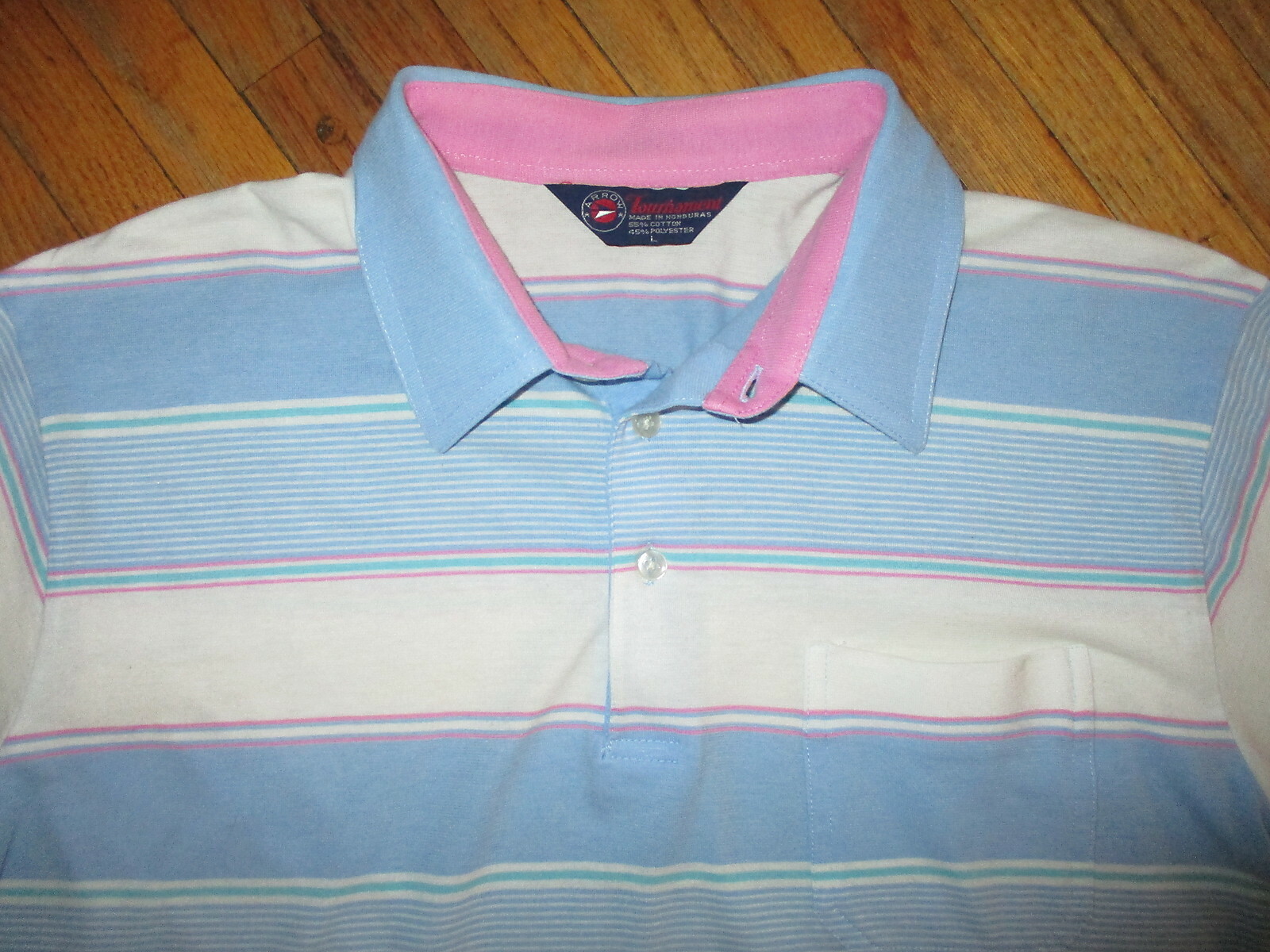 vtg 1980s ARROW TOURNAMENT POLO SHIRT Golf Tennis Preppie Pink Blue Pastel MED