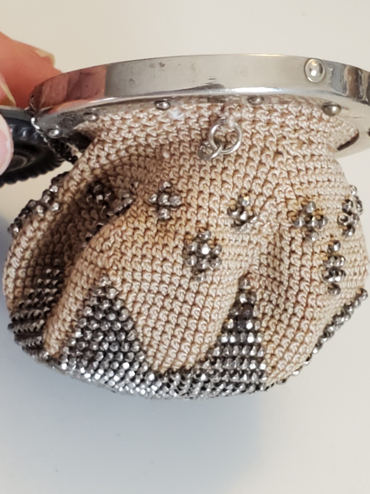 Antique Victorian Crochet Miser Purse with Steel Micro Beads, Coins on Top 1800s