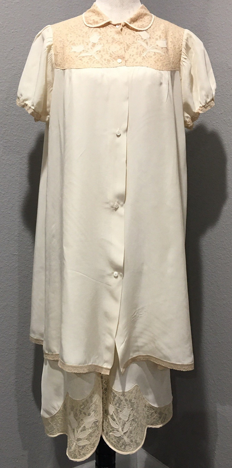 Vtg Ivory Lace Rayon Acetate Satin Nightgown Robe 36 M