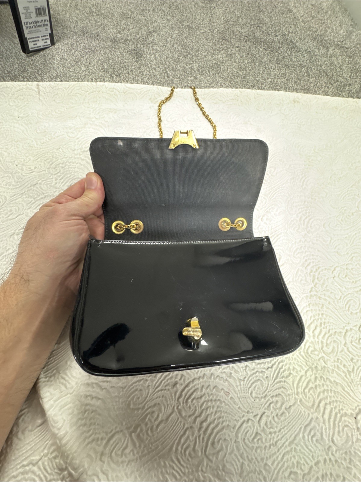 Vintage Bienen Davis Black Patent Leather Shoulder Bag Gold Tone Chain Strap