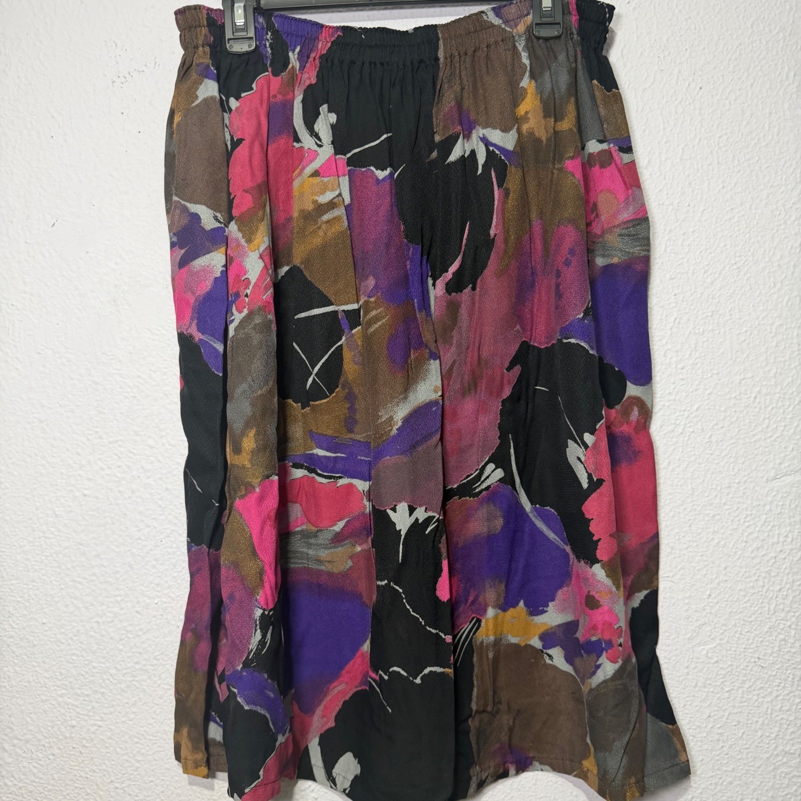 Vintage 90s Abstract Floral Midi Skirt L Colorful Womens Retro Elastic Artistic