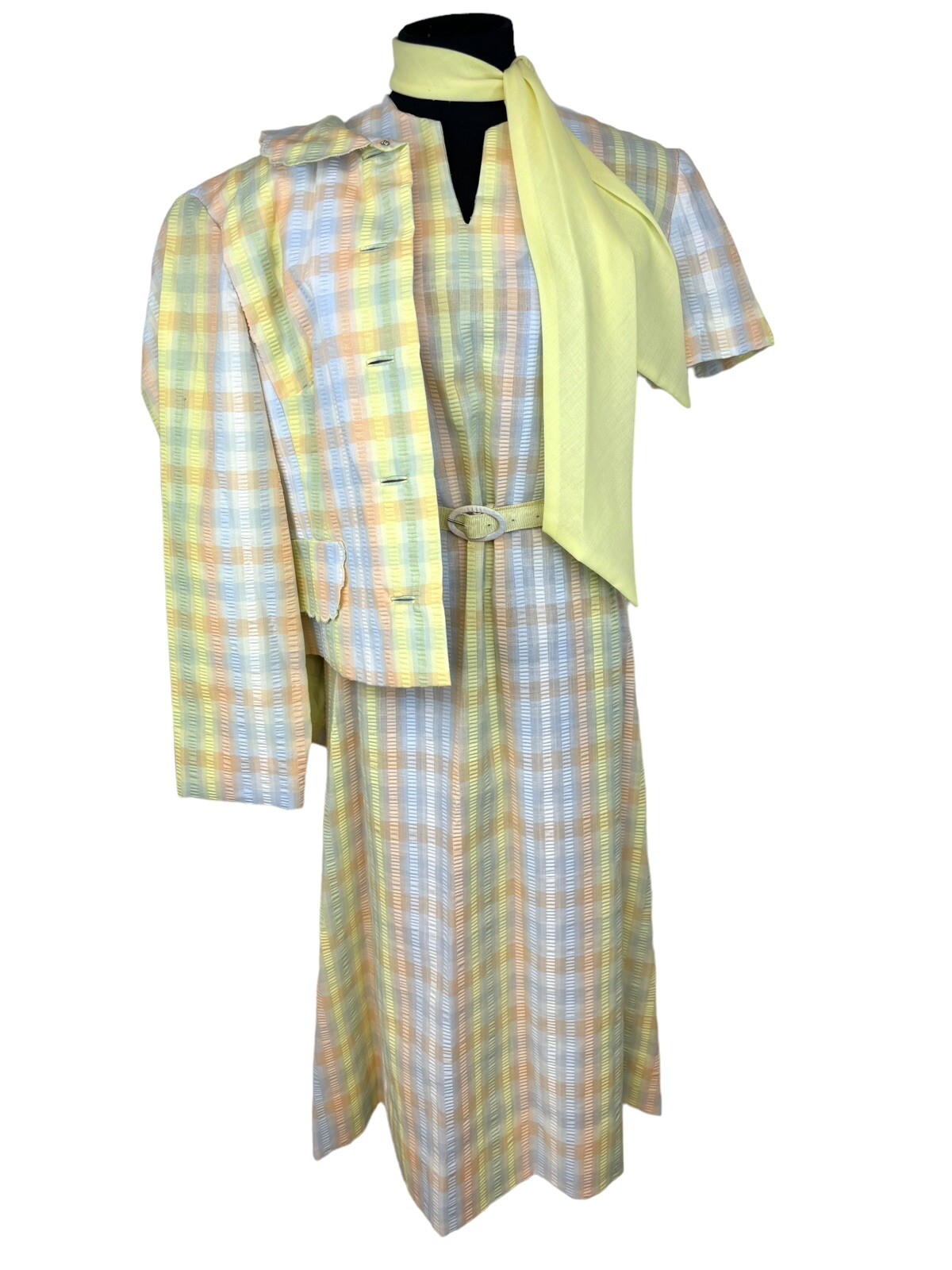 Vintage JAMISON BOUTIQUE PLAID SEERSUCKER SHORT SLEEVE MIDI DRESS JACKET 4pc SET
