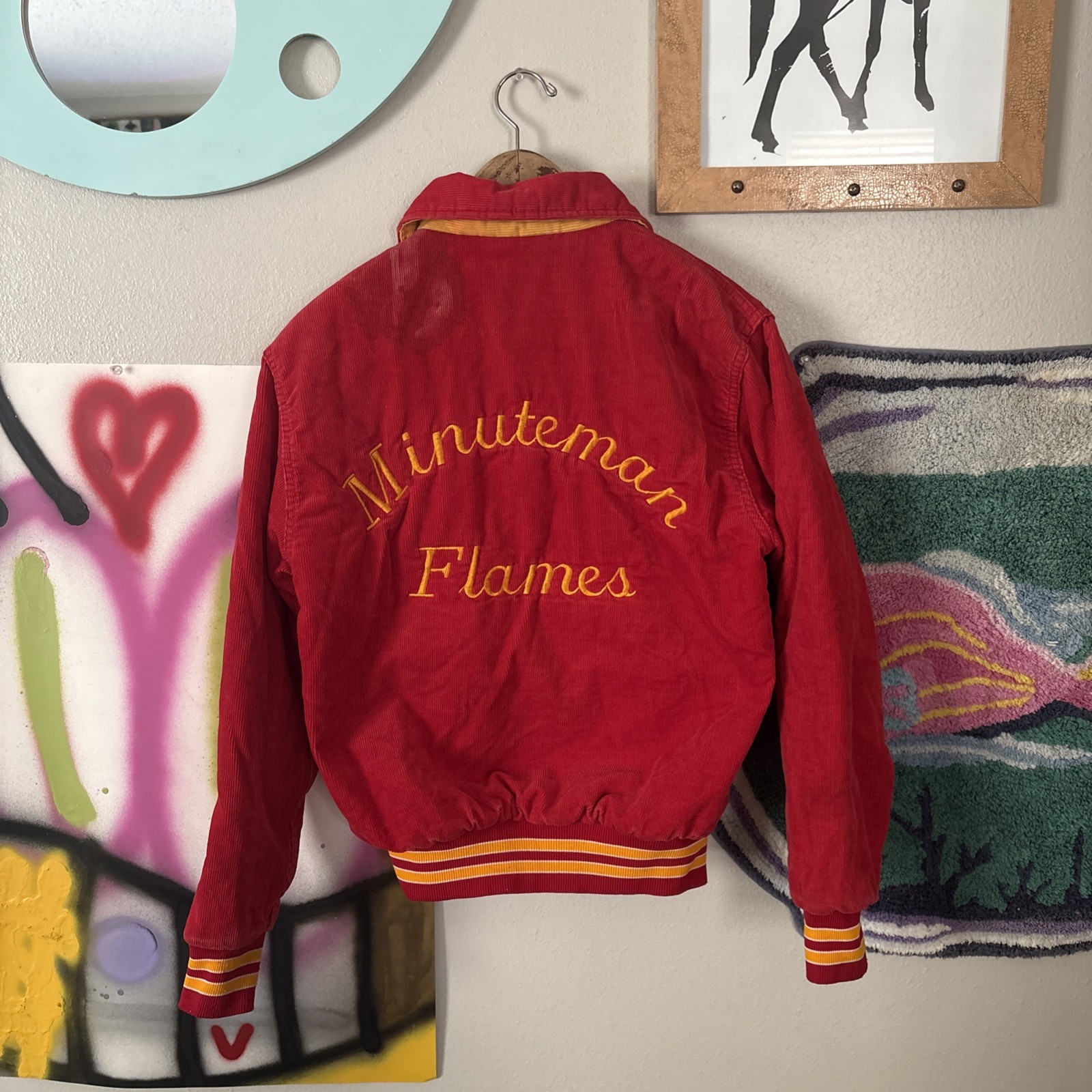 Vtg 70’s Rennoc Corduroy Varsity “minute man” flames Letterman RARE Jacket