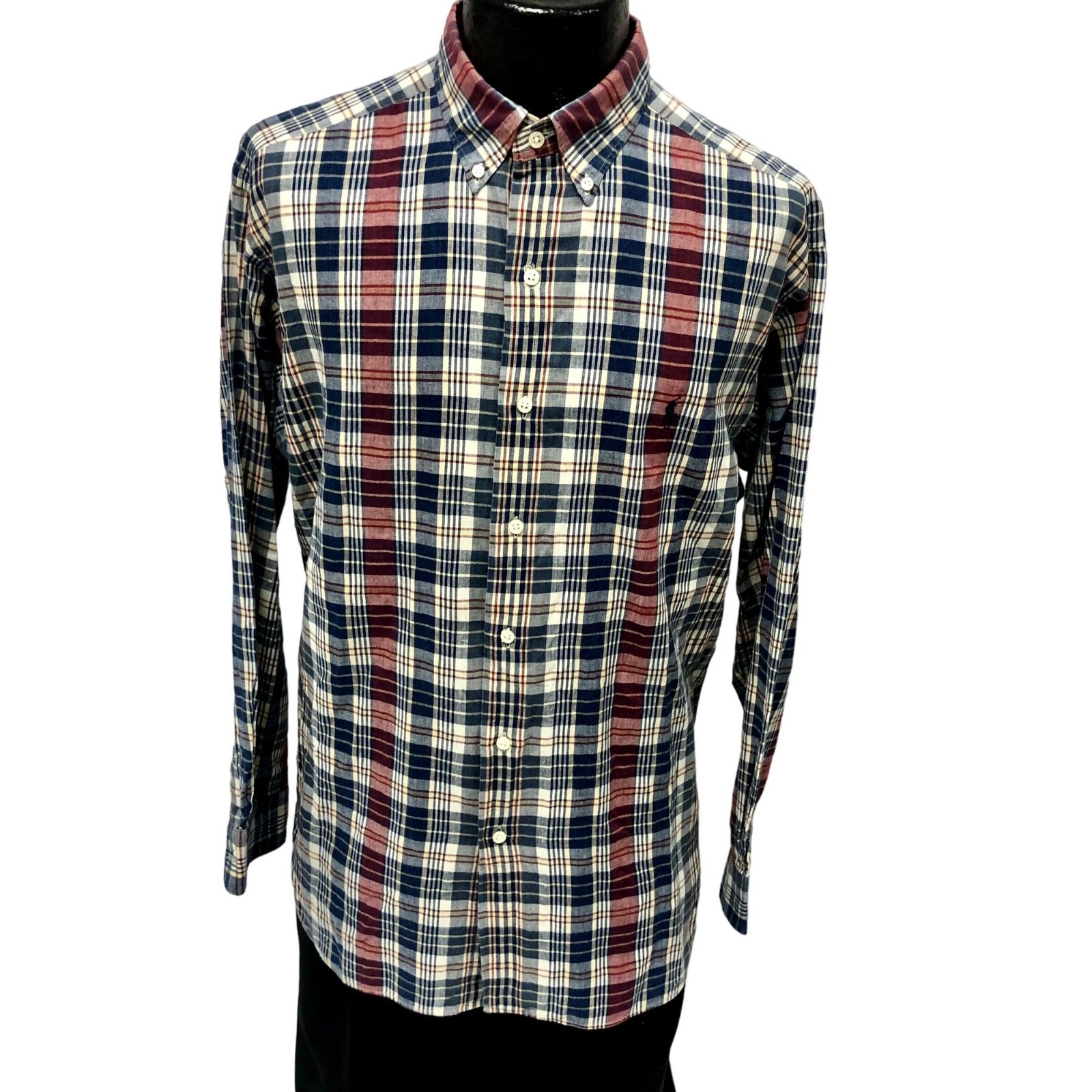 Vtg Ralph Lauren MCMEEL Blue PLAID Check Ultra Thin POLO Logo Pony LS Shirt M