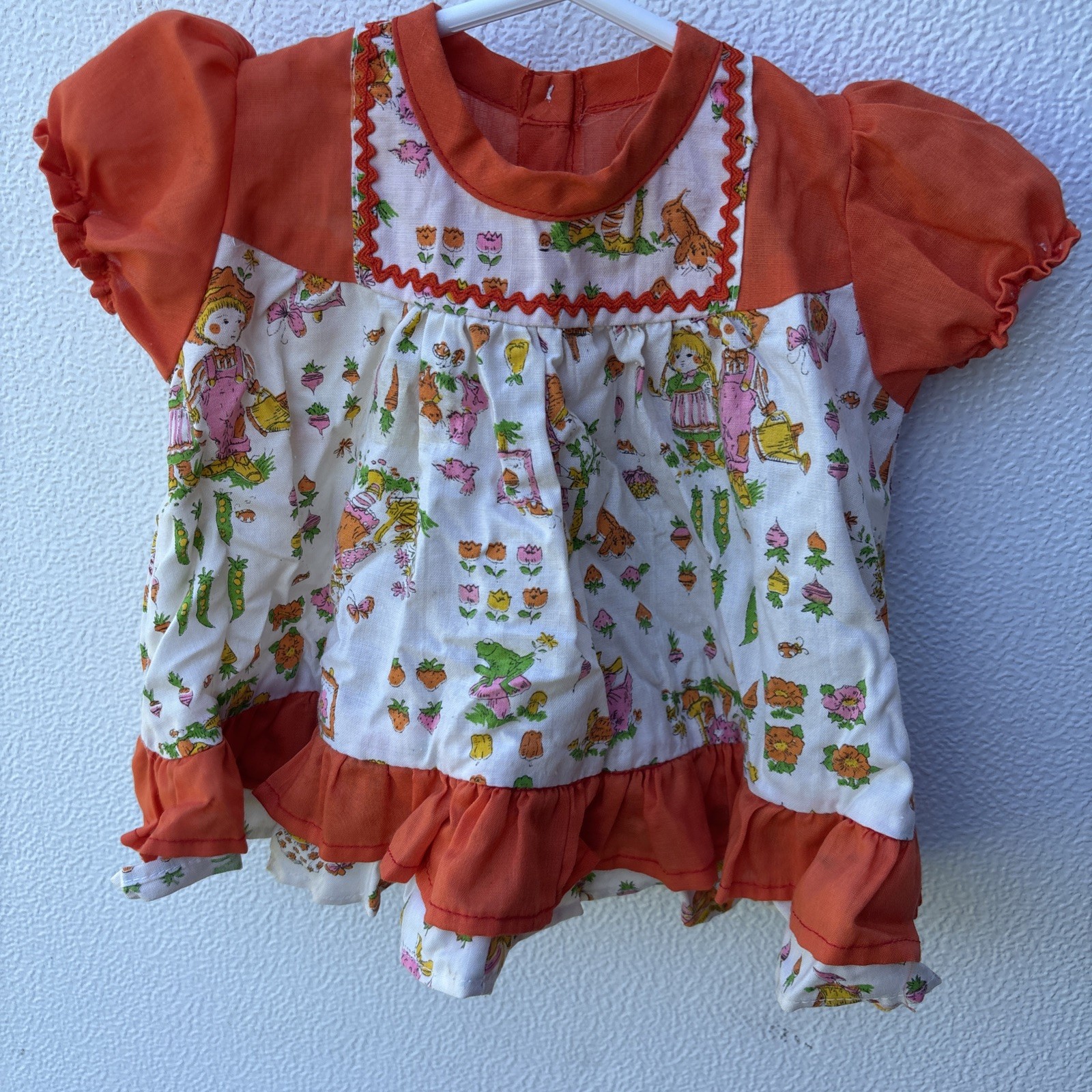 Vintage 70’s Print Baby Girl Dress 6-9 M Months Ruffled Retro Bright Handmade
