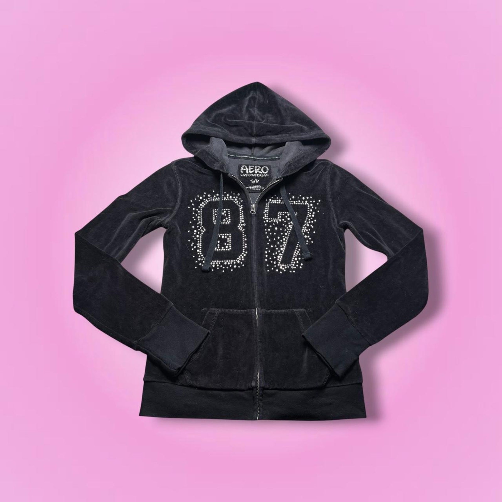 Y2K Fitted Aéropostale Black Velour Rhinestone Logo Zip Up Jacket