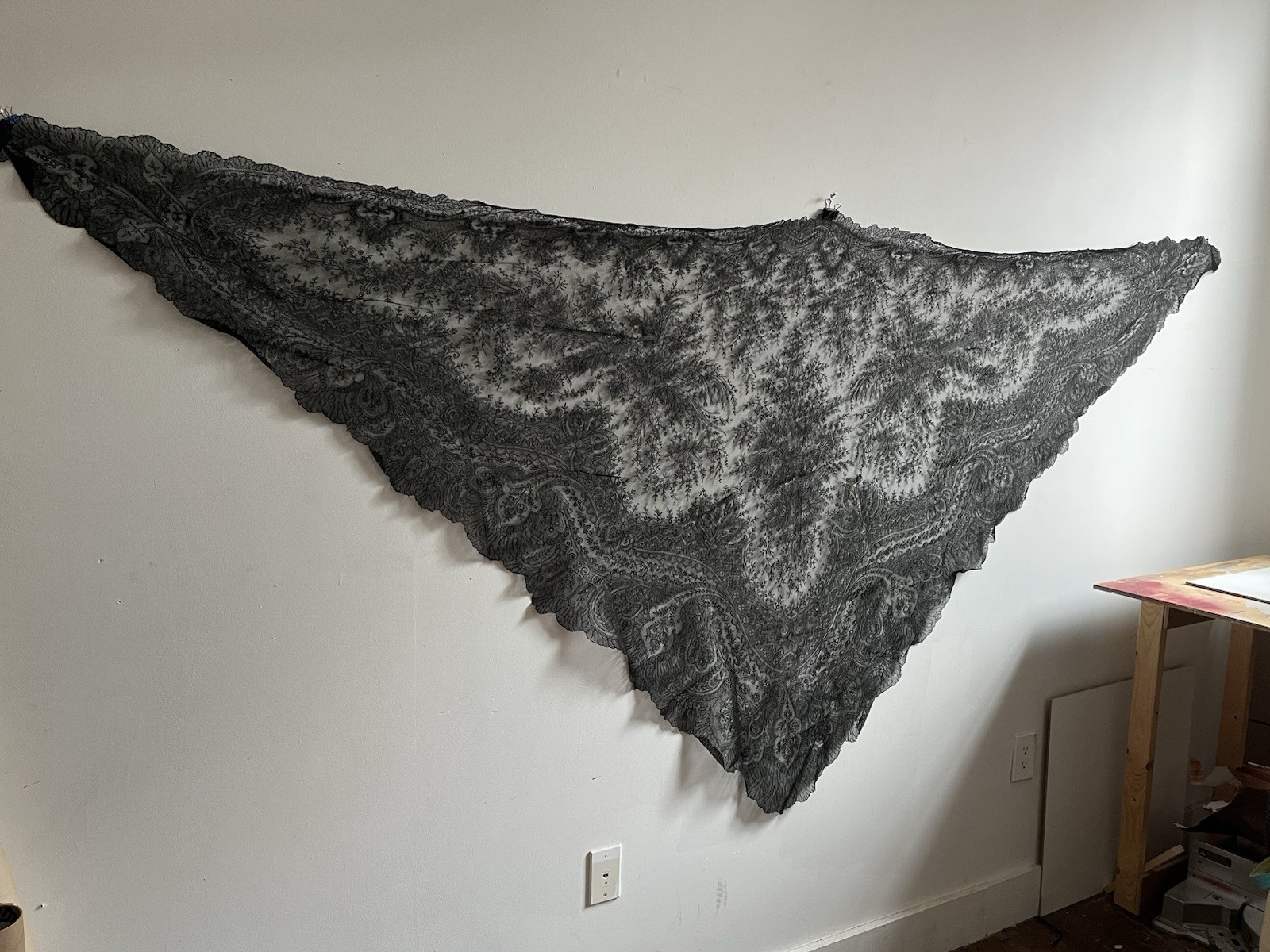 Antique Edwardian/Victorian Black Lace Shawl Mantilla Very Large, Very Fine