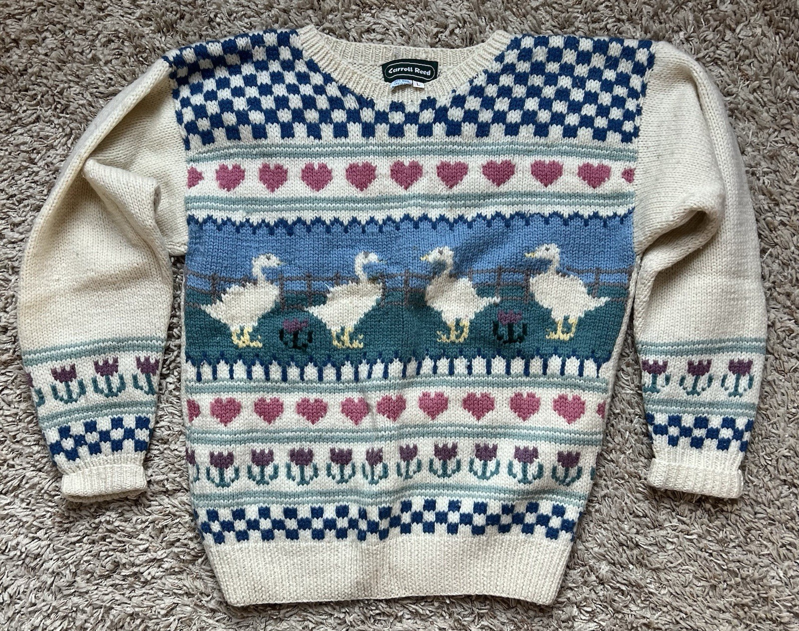 Vintage Carroll Reed Goose Flower And Heart Womens Wool Sweater Size L