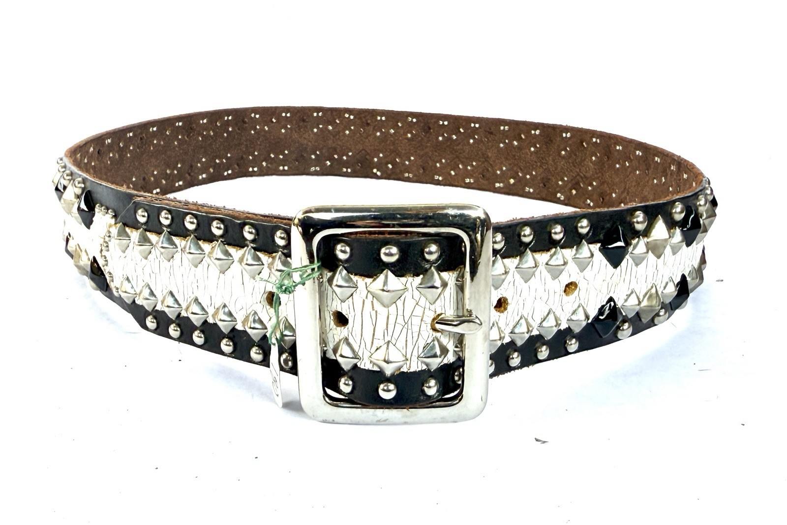 Genuine Joed Black & Cracked White Leather Pyramid Mix Silver Black Stud Med 34