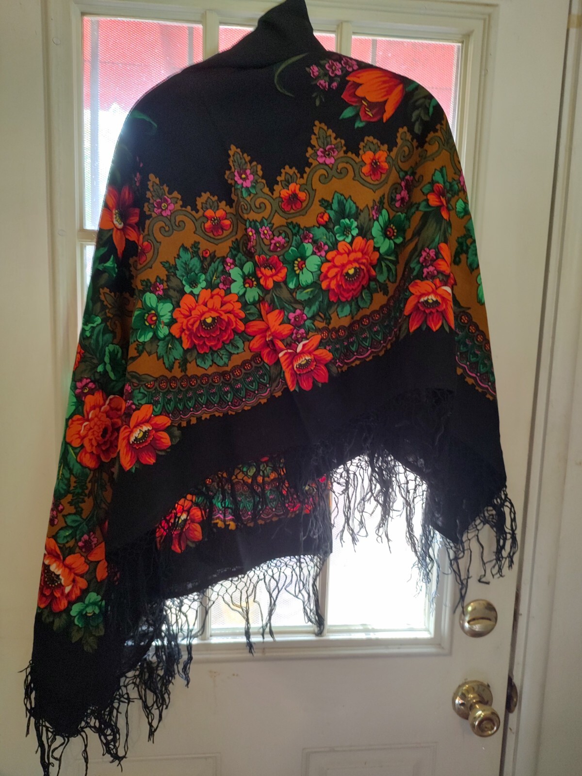 Vintage Eastern European Wool Shawl With 6″ Fringe 60″ by 60’s floral on black.