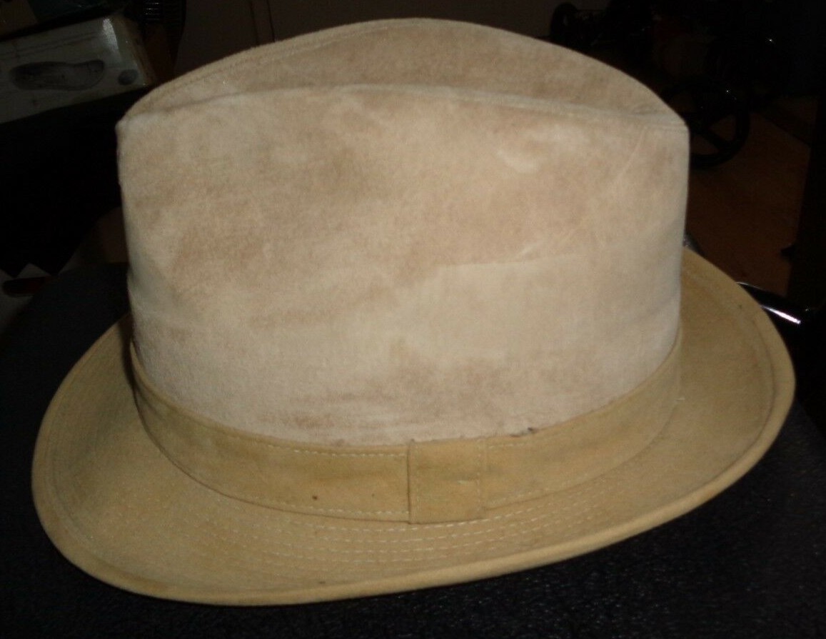 1950’s DOBBS 5th AVE NYC SUEDE Khaki 1-3/4″ Snap Brim 5″ Crown ROCKABILLY 7-1/4
