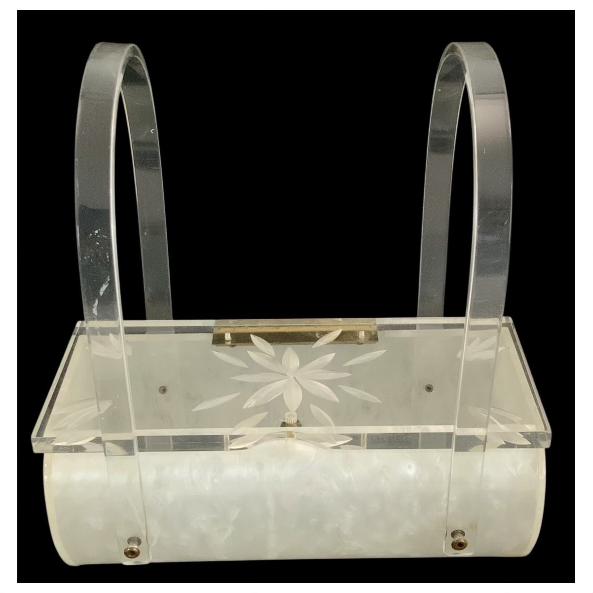 Vtg Pearlescent Lucite Elongated Oval Purse 8 x 3½” – Double Handle/Latch Intact