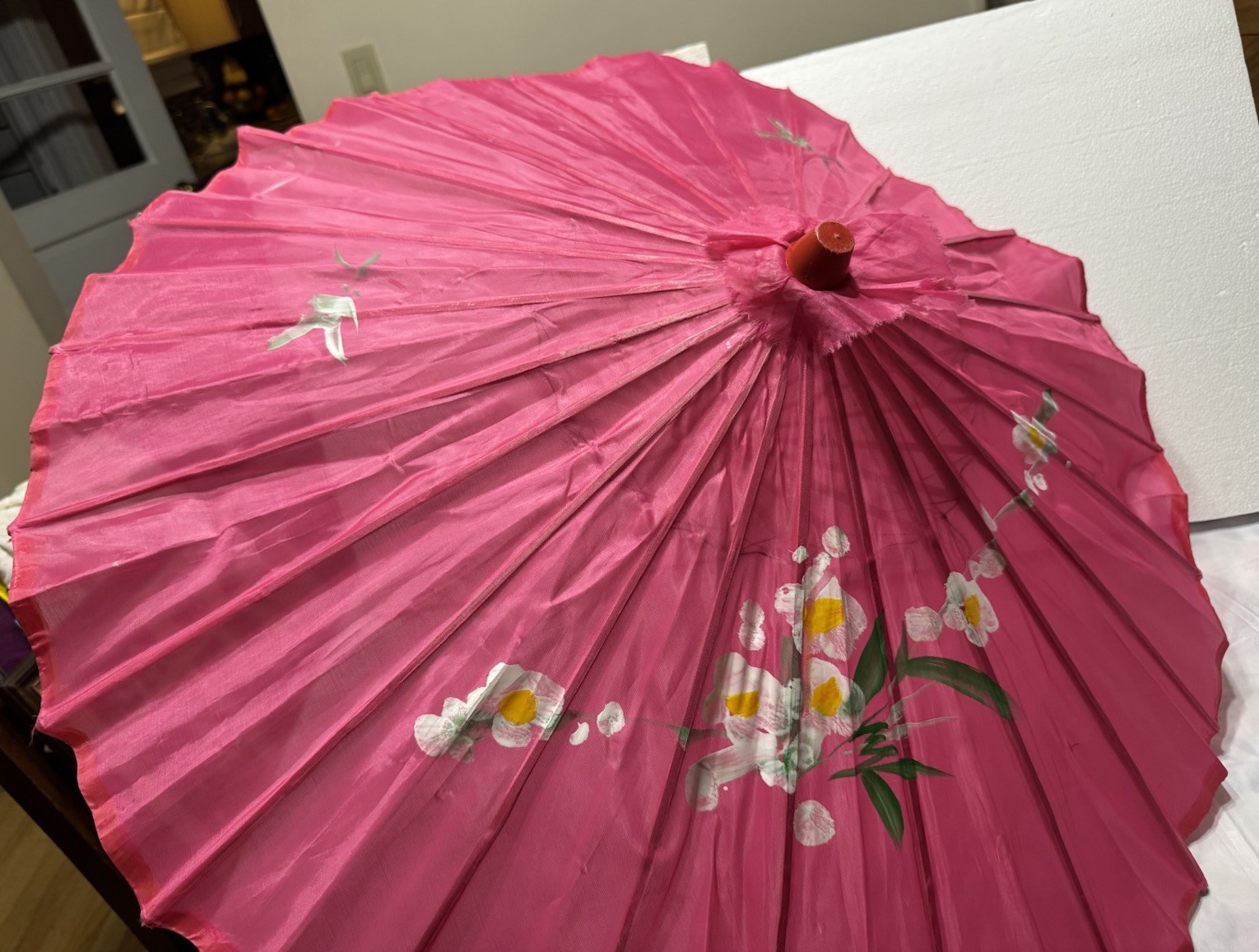 Hot Pink Oriental Cloth Wood Parasol 20 1/4” 30″ Fully Open
