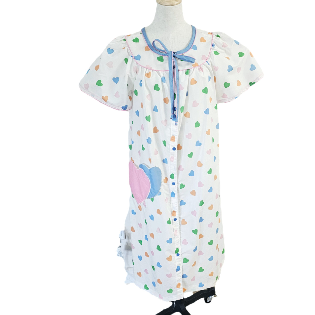 Vtg 80s Allover Print Sheer Hearts Snap House Dress Coat USA Love Granny L EUC
