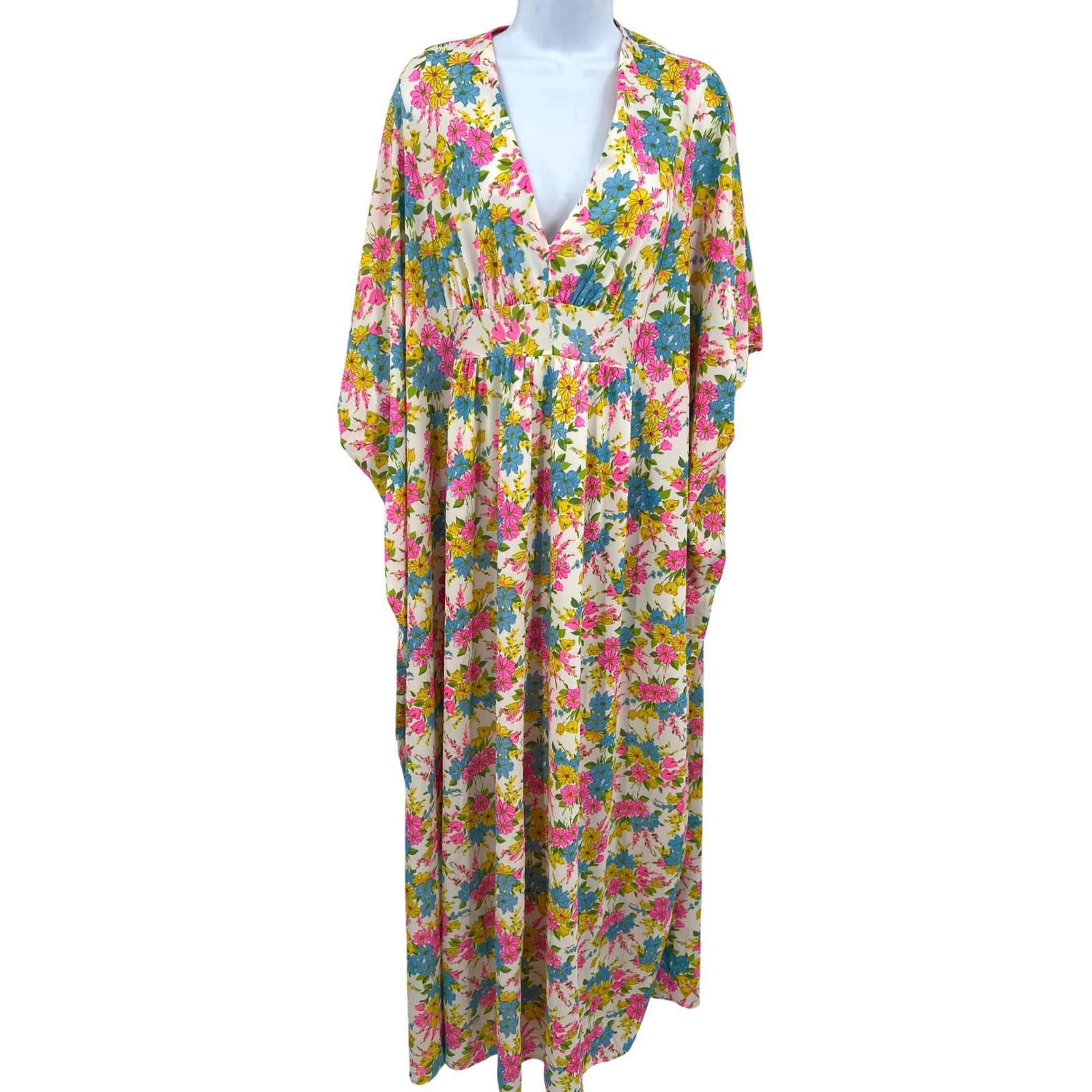 Vintage 70s Miss Elaine Floral Kaftan Dress One Size Mod MCM 60s Go-Go Bewitched