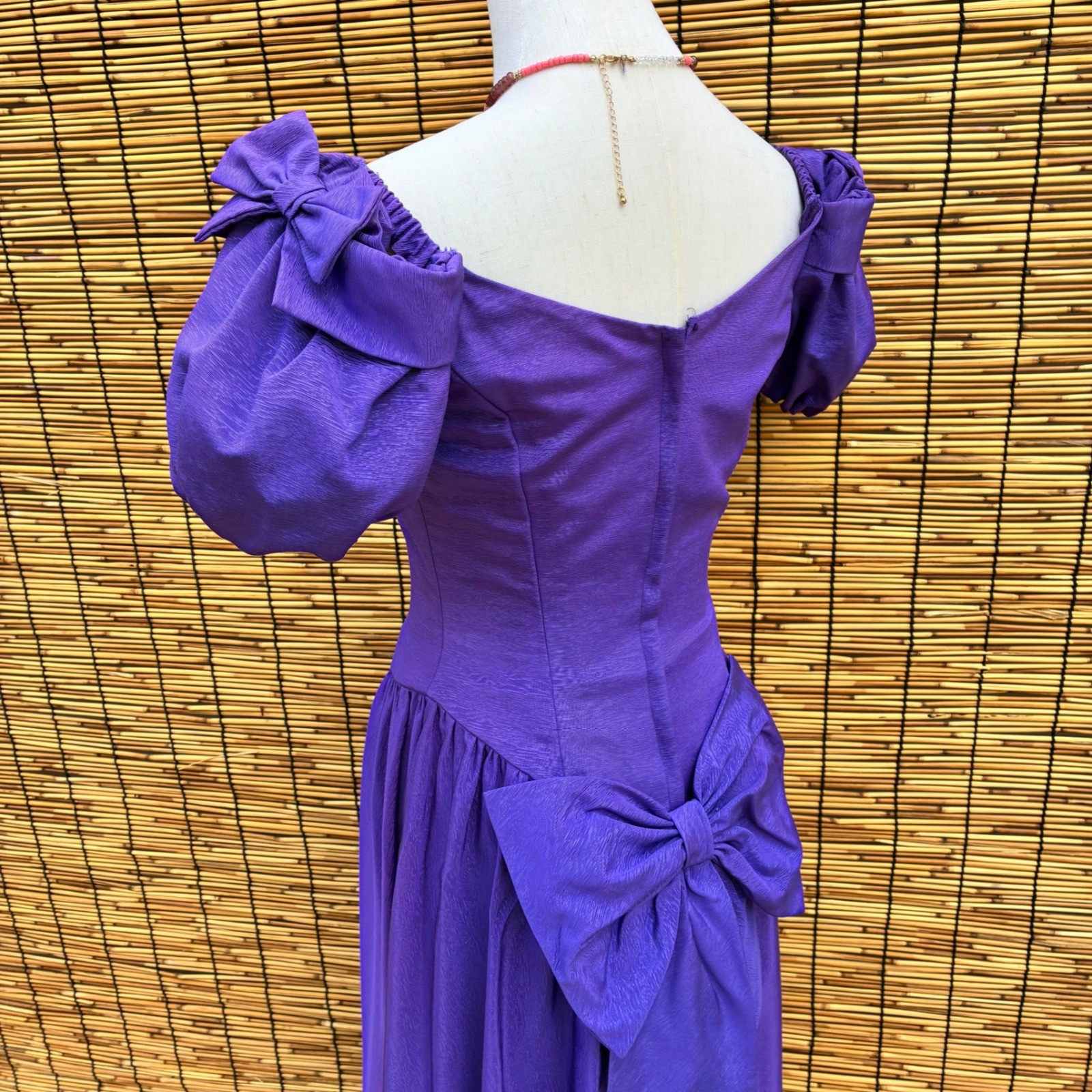 Vintage 80s Purple Moire Puff Sleeve Bow Back Gown ILGWU Made in USA 7081