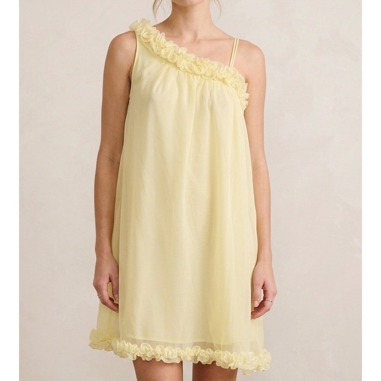 Vintage Yellow Nylon Nightgown Babydoll Chemise Ruffle 60s One Shoulder Coquette