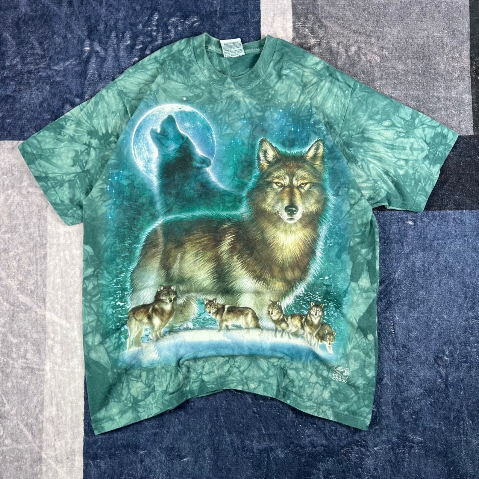 Vintage 2000 Liquid Blue Wolf Moon Tie Dye Graphic T-Shirt Mens Large Green