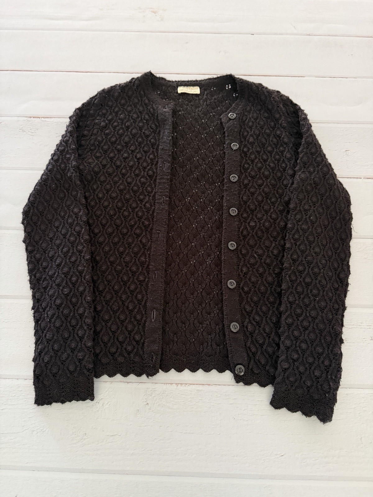 British Vogue Vintage Black Textured Button Knit Cardigan Sweater Granny Core