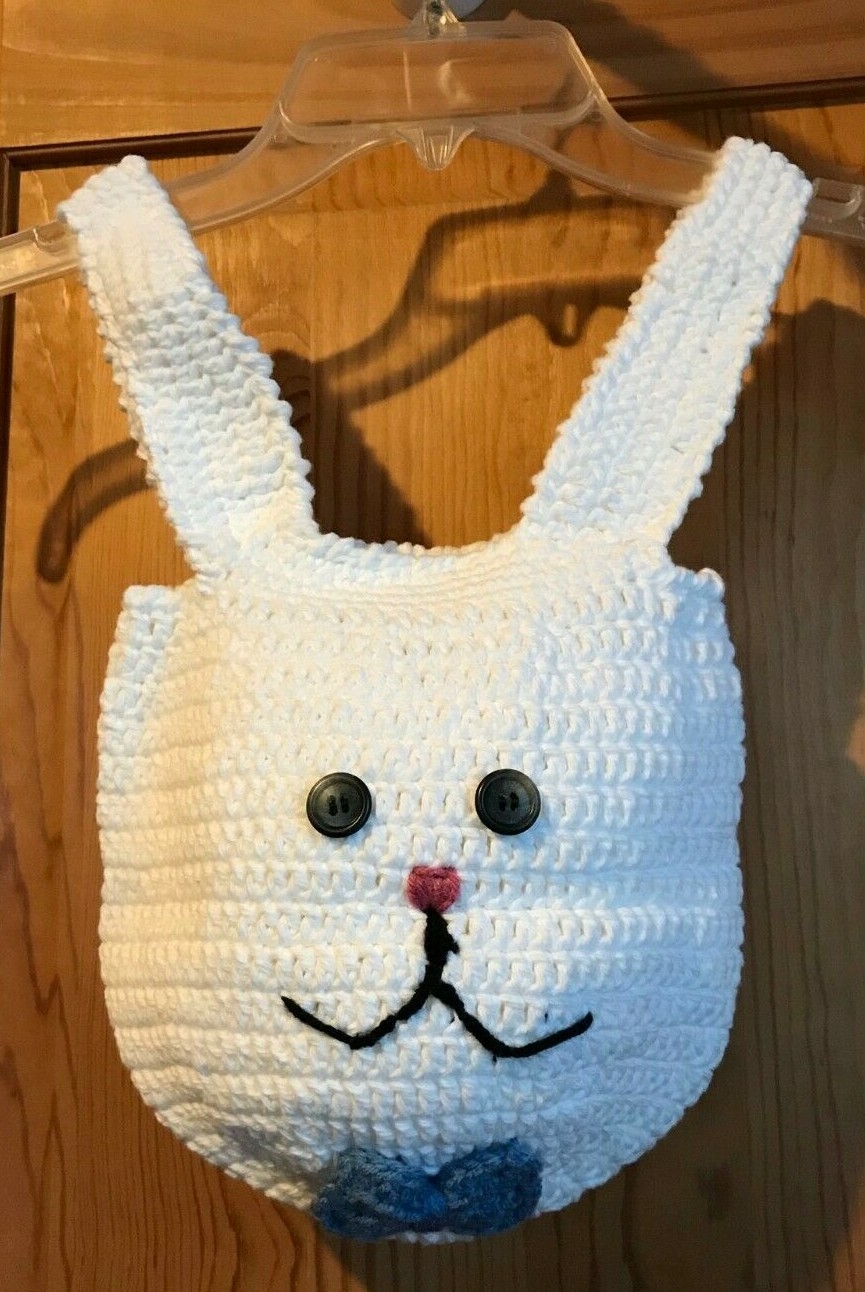 Mr. Bunny Handmade Crocheted Easter Bag With Blue Bowtie