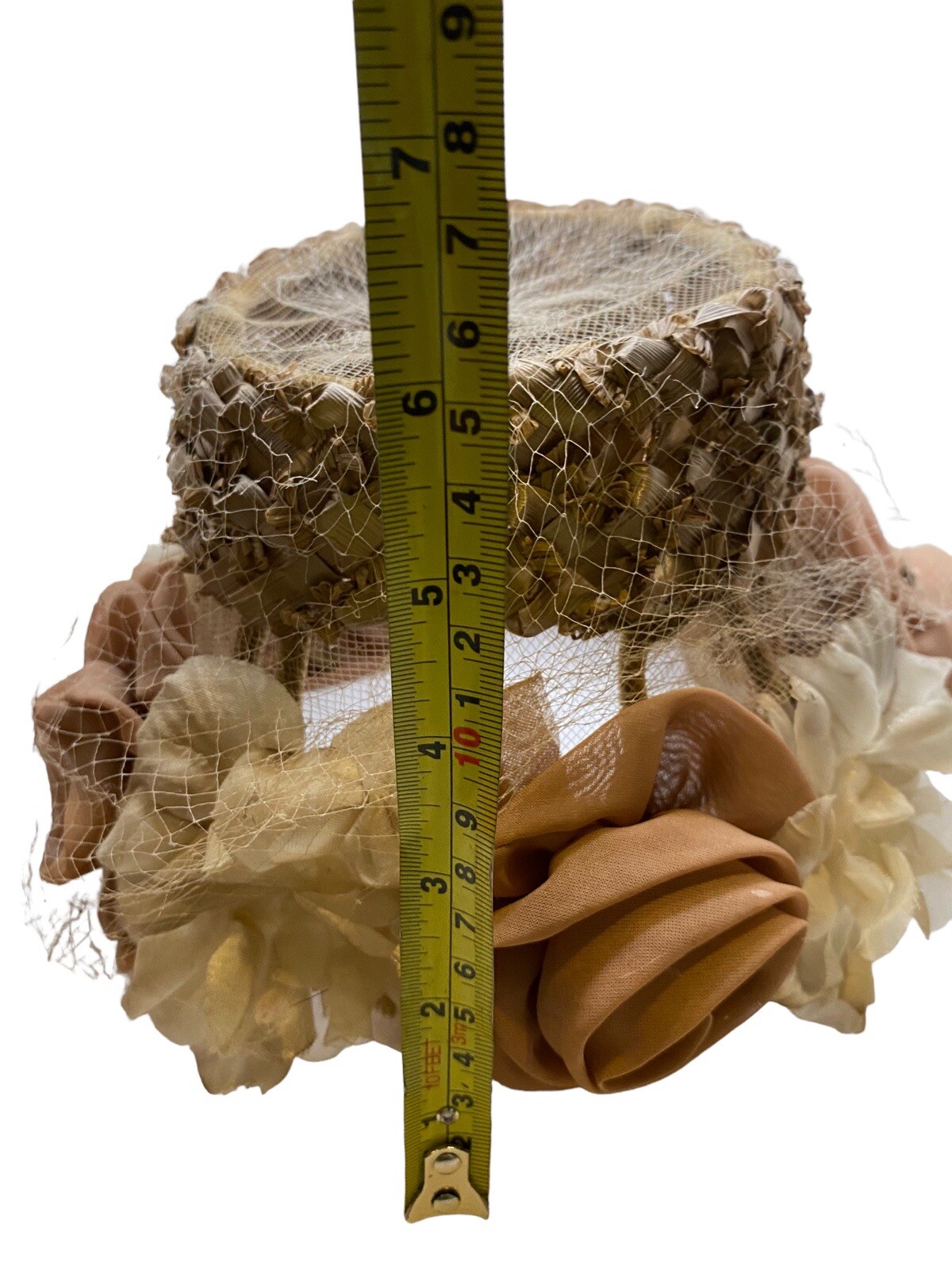 vintage floral hat with lace netting beiges