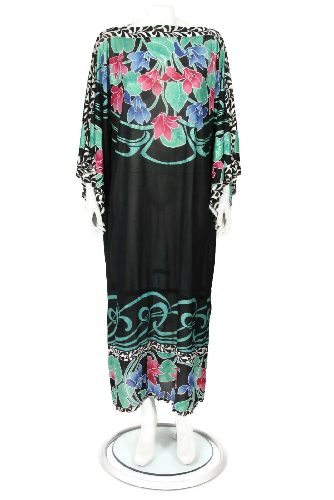 GOTTEX Vtg 80’s Floral Metallic Maxi Dress Caftan Cover Up Saks Fifth sz S /169