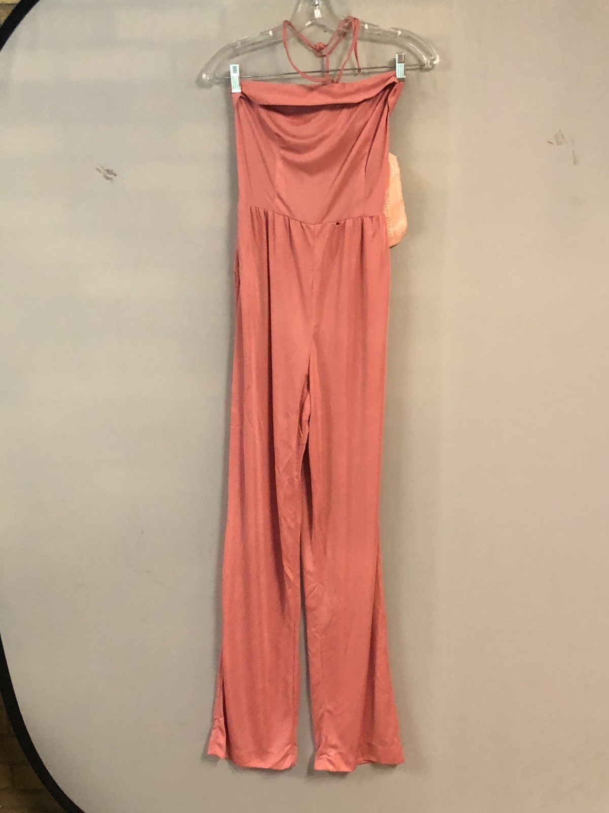 Vintage 70s Young Edwardian Arpeja Pink Jumpsuit Flared Halter Strapless Sz XS
