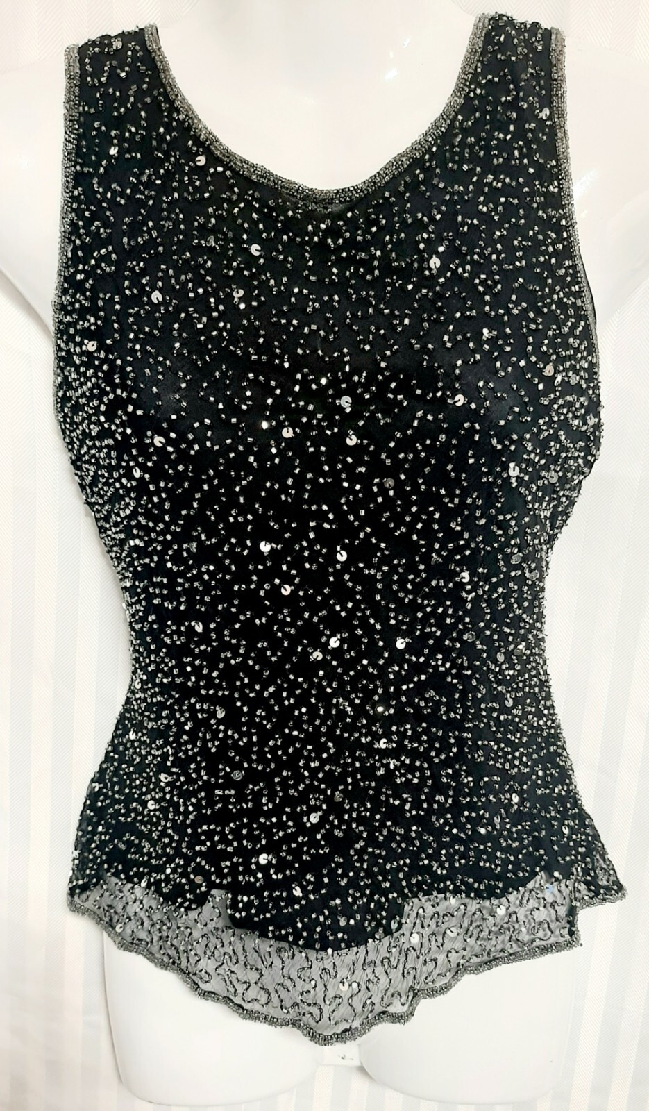 Stenay Beaded Sequined Black Vintage Top 100% Silk Sleeveless W/ Open Back Med.