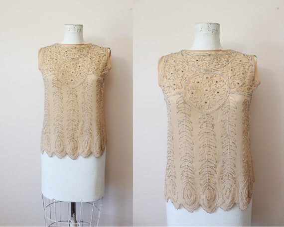 1920s Nude silk sheer beaded blouse | silk 1910s blouse | xs small