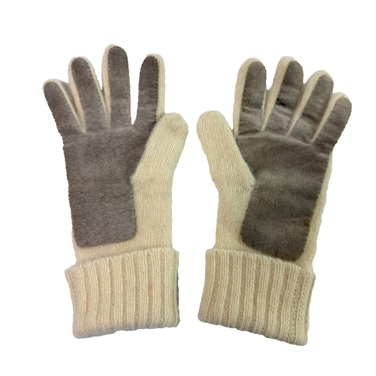 Vintage Womens Knit Gloves Angora Wool Blend Cream Genuine Leather Palms OS