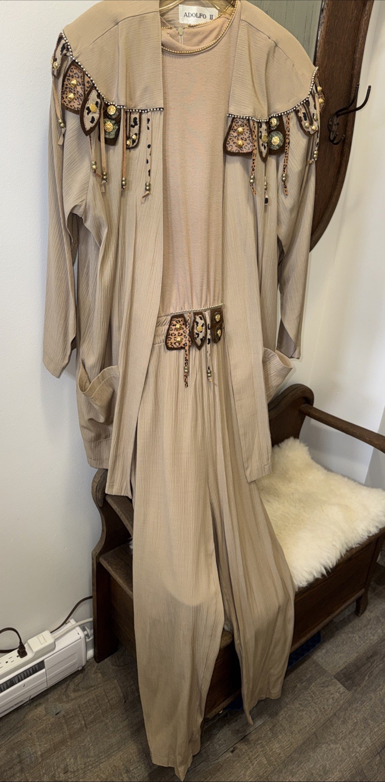VTG WESTERN Adolfo II Jumpsuit 2 Piece Jacket Southwest Fringe Stud Leopard M