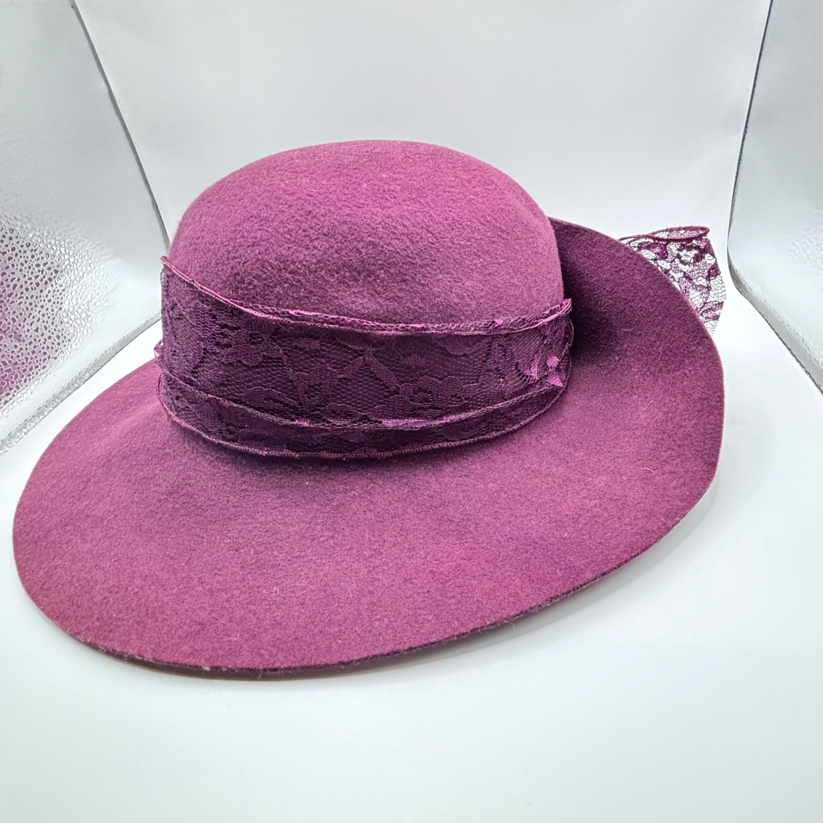 Top This Inc Vintage Magenta Wool Felt Wide Brim Hat Lace Band Bow Made in USA
