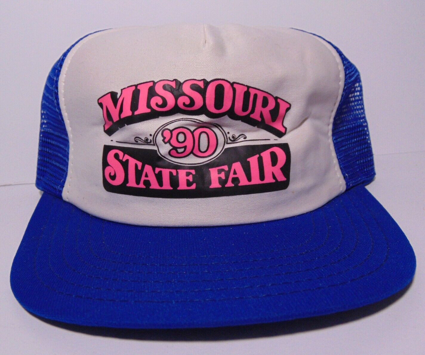 1990 New Vintage MISSOURI STATE FAIR BLUE NEON PINK SNAPBACK TRUCKER HAT CAP USA