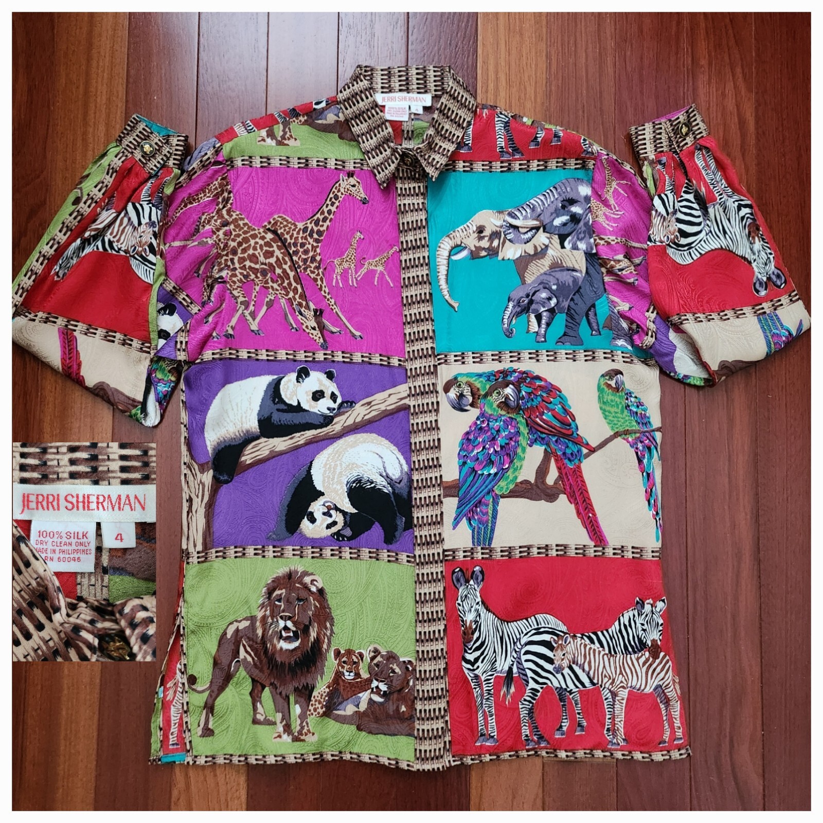 Vintage JERRI SHERMAN 100% Silk Zoo Panda Lion Parrot Giraffe Zebra Fox Blouse 4