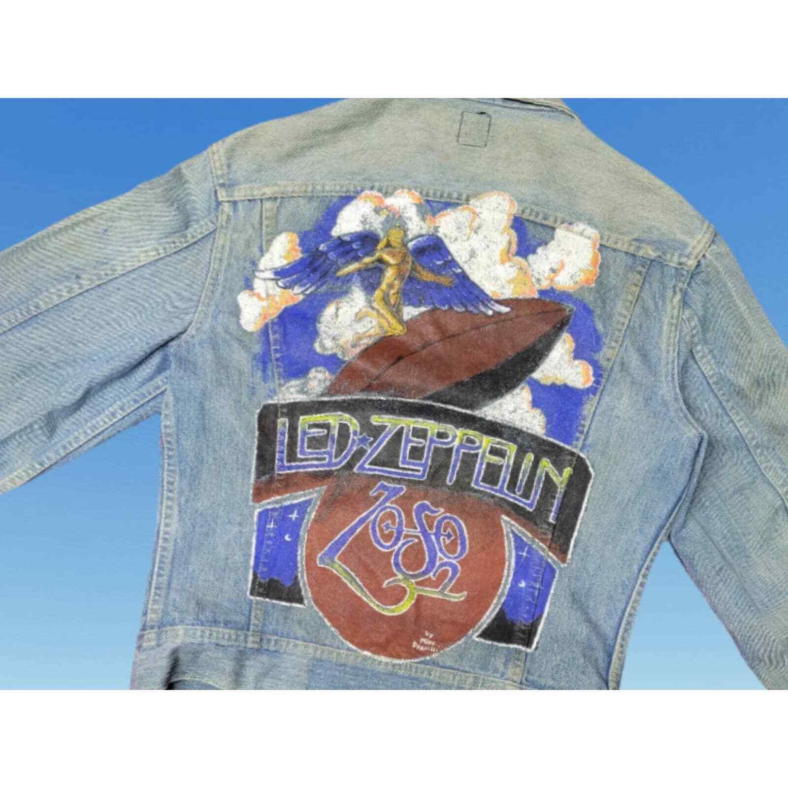 Vintage 80s Lee Led Zeppelin Denim Jacket Distressed Hand Painted Signed M (A7)