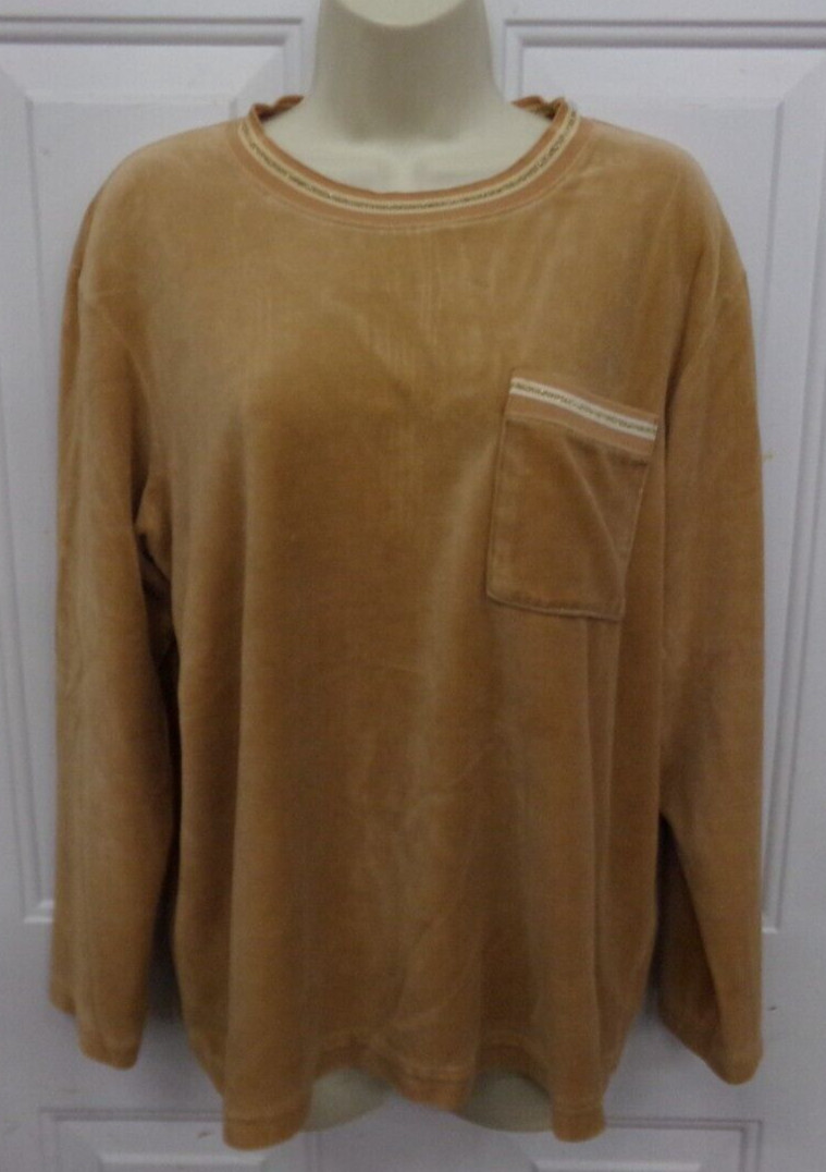 Vintage 60-70’s Aileen Womens Tan Long Sleeve MOD Retro VELOUR Shirt Size Large