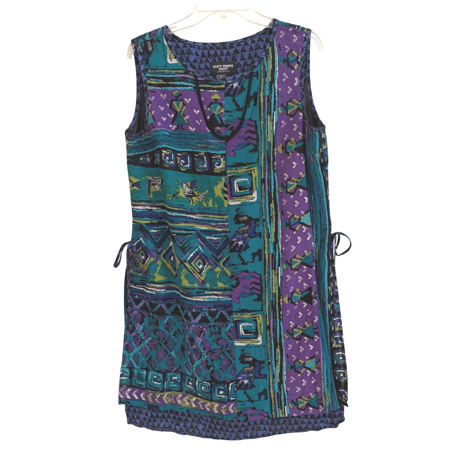 Saint Tropez West Vintage 90s Boho Abstract Tribal Print Dress Purple Teal 12