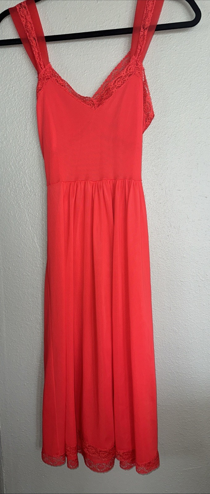 Vintage RED “Rogers” Size 36 Semi Sheer Nylon LACE Nightgown~Front Tie