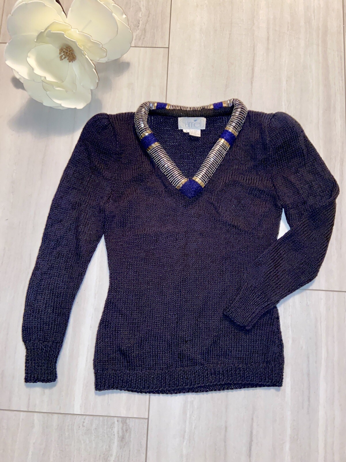 NANNELL Vintage Beaded Neckline Padded Hand Knit Sweater Sz S Stunning & Unique