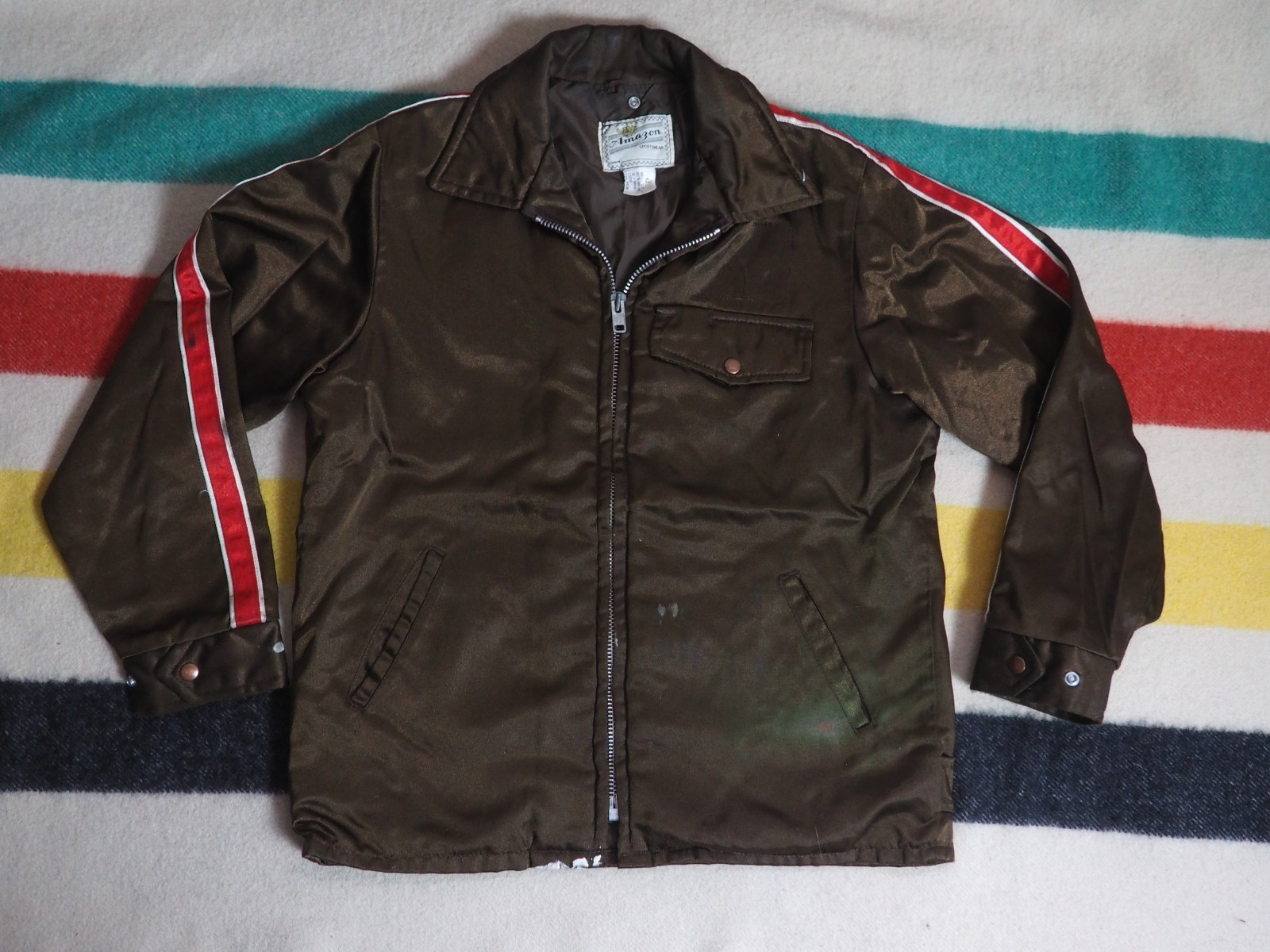 VTG 70s Amazon Sportswear Faded Brown Zip USA Striped Crop Work Jacket Mens L