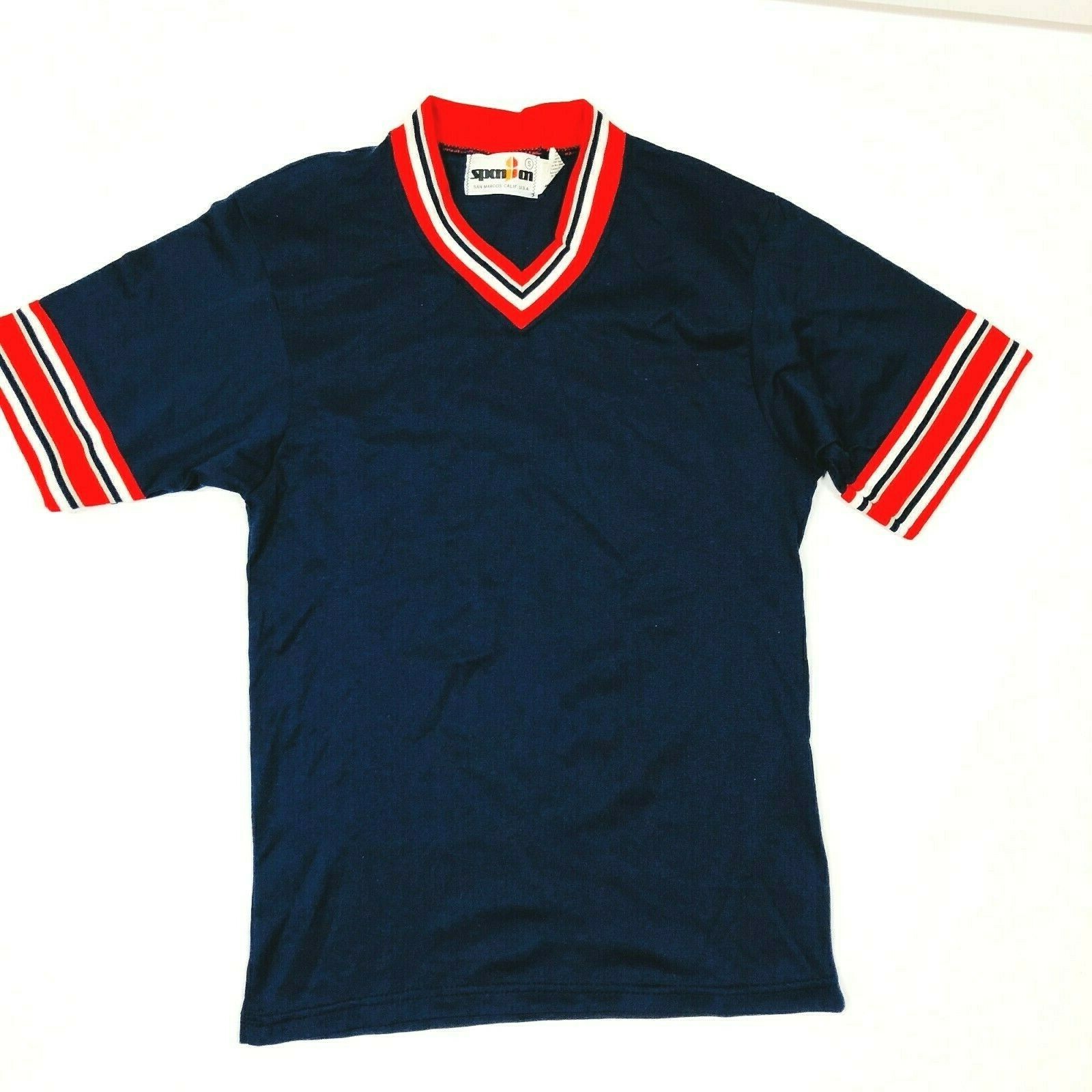 Vintage 70s Spaniian Navy Blue & Red Striped Polyester Coaching Jersey Sz. SM