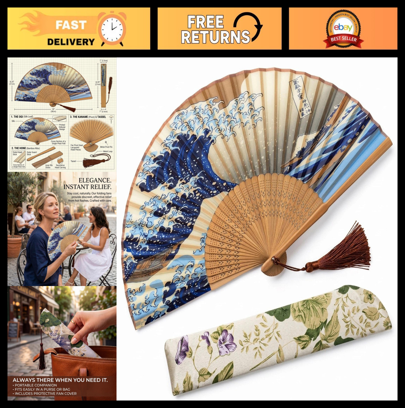 8.27″ Folding Handheld Fan – Japanese Vintage Retro Style, Fabric Sleeve, Gift I