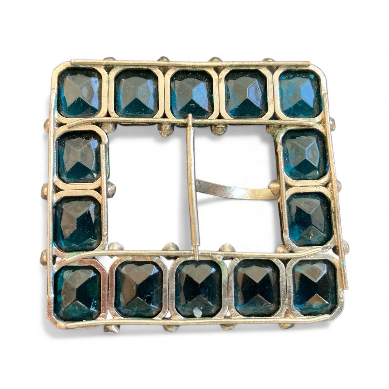 Antique Vintage 30s Deco Large Czech Aquamarine Glass Belt Buckle