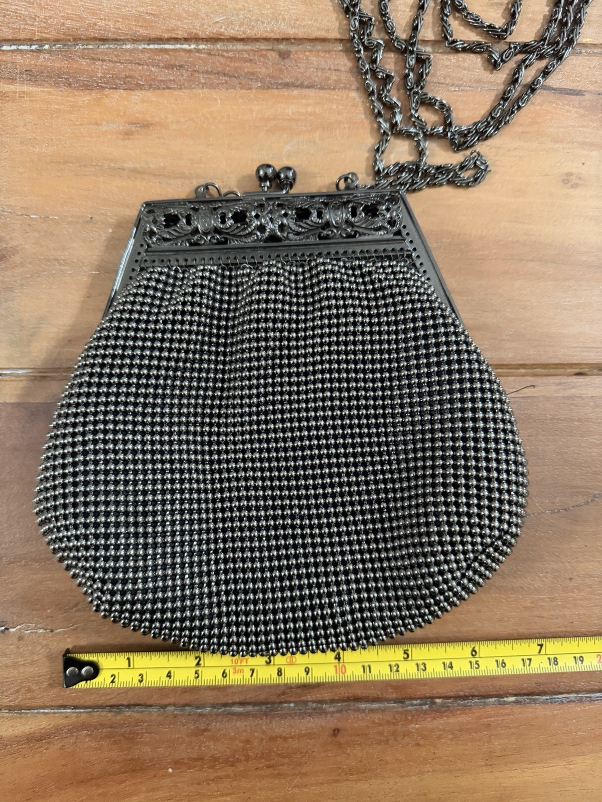 Vintage Black Gunmetal Mesh Evening Bag Kiss Lock Chain Purse