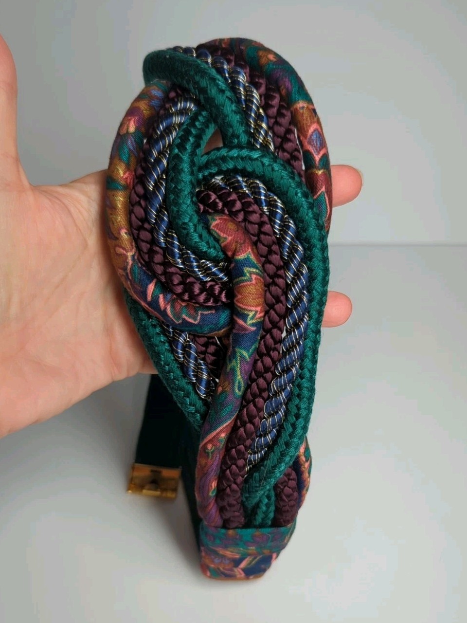 Women’s 70s Vintage Leather Shop Braided Rope Waist Belt Mixed Fabric Boho Sz L