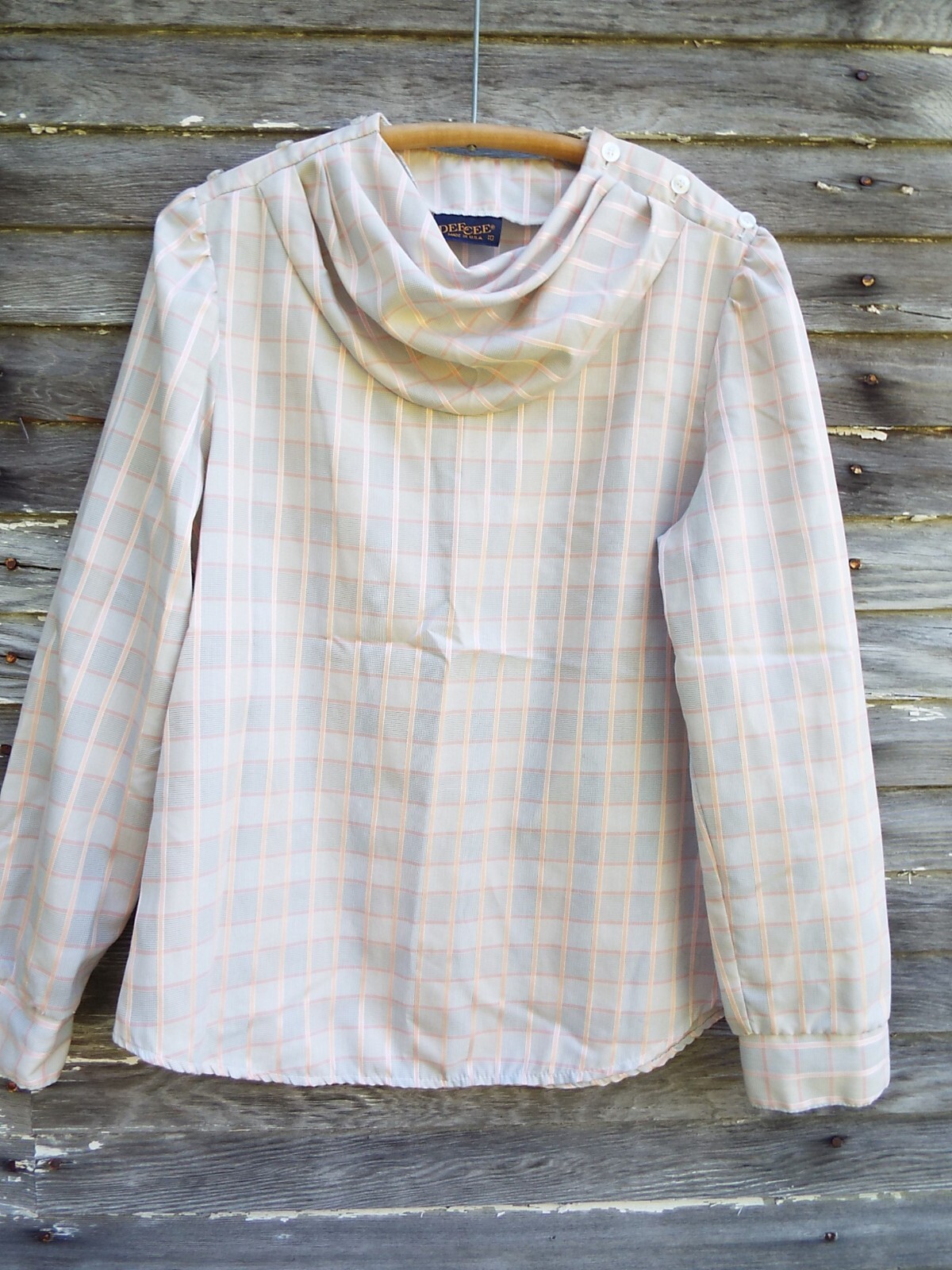 Womens Vintage DeeCee USA blouse sz 10 pink gray plaid 70s shoulder pleats cowl