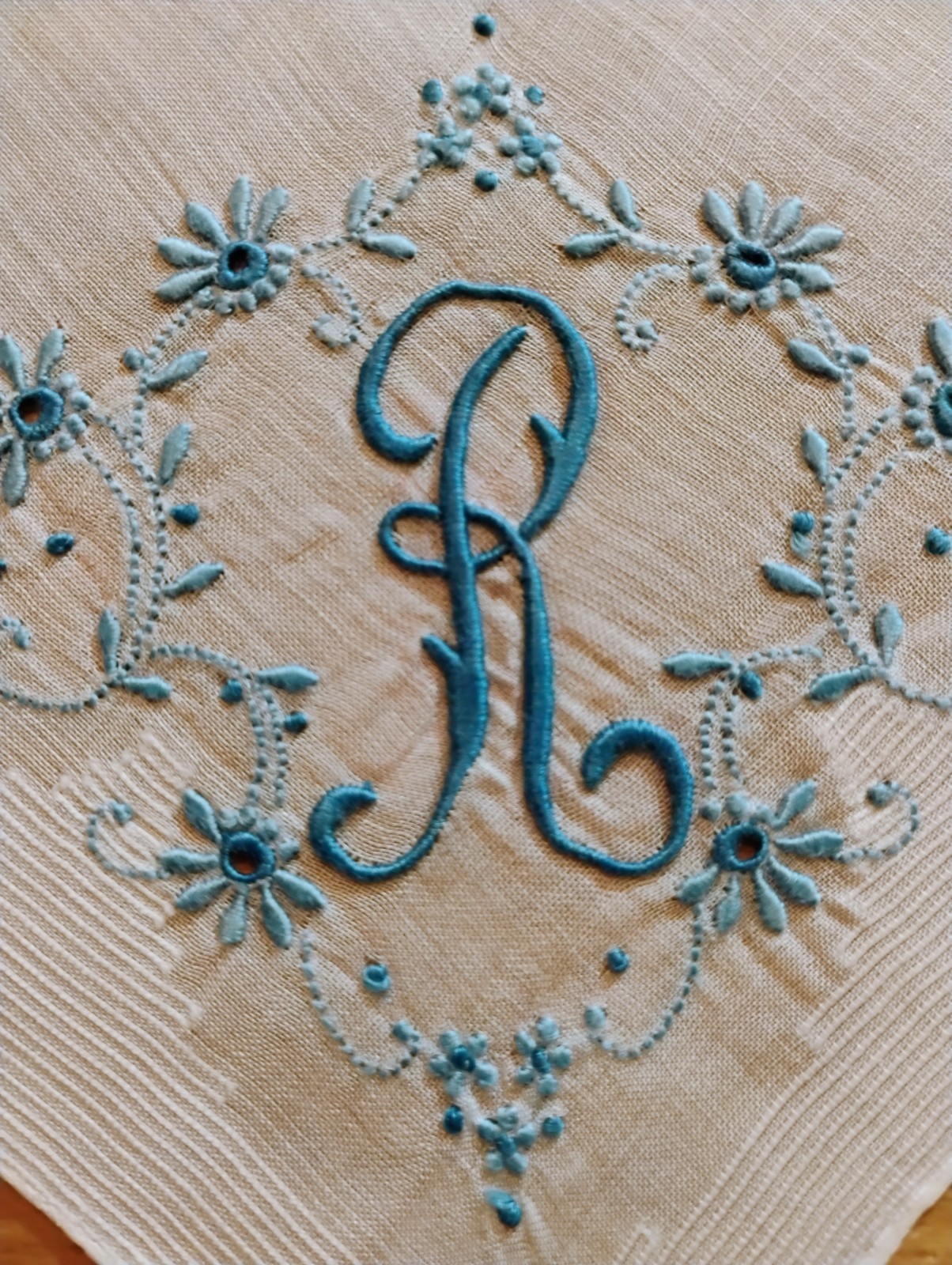 Vgt R Monogram Blue Embroidery White Cotton Hankie Handkerchief
