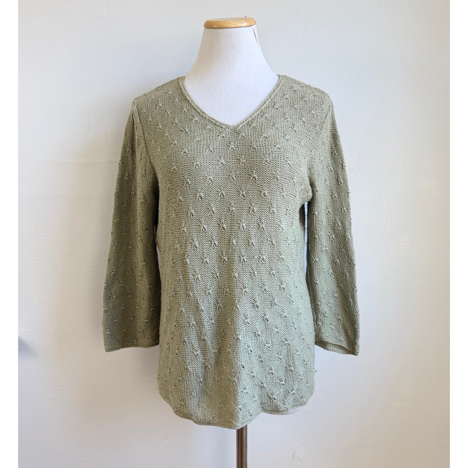 Vintage Knit Linen Cotton Beaded Eyelet Sweater Top Size Medium Olive Green 90s