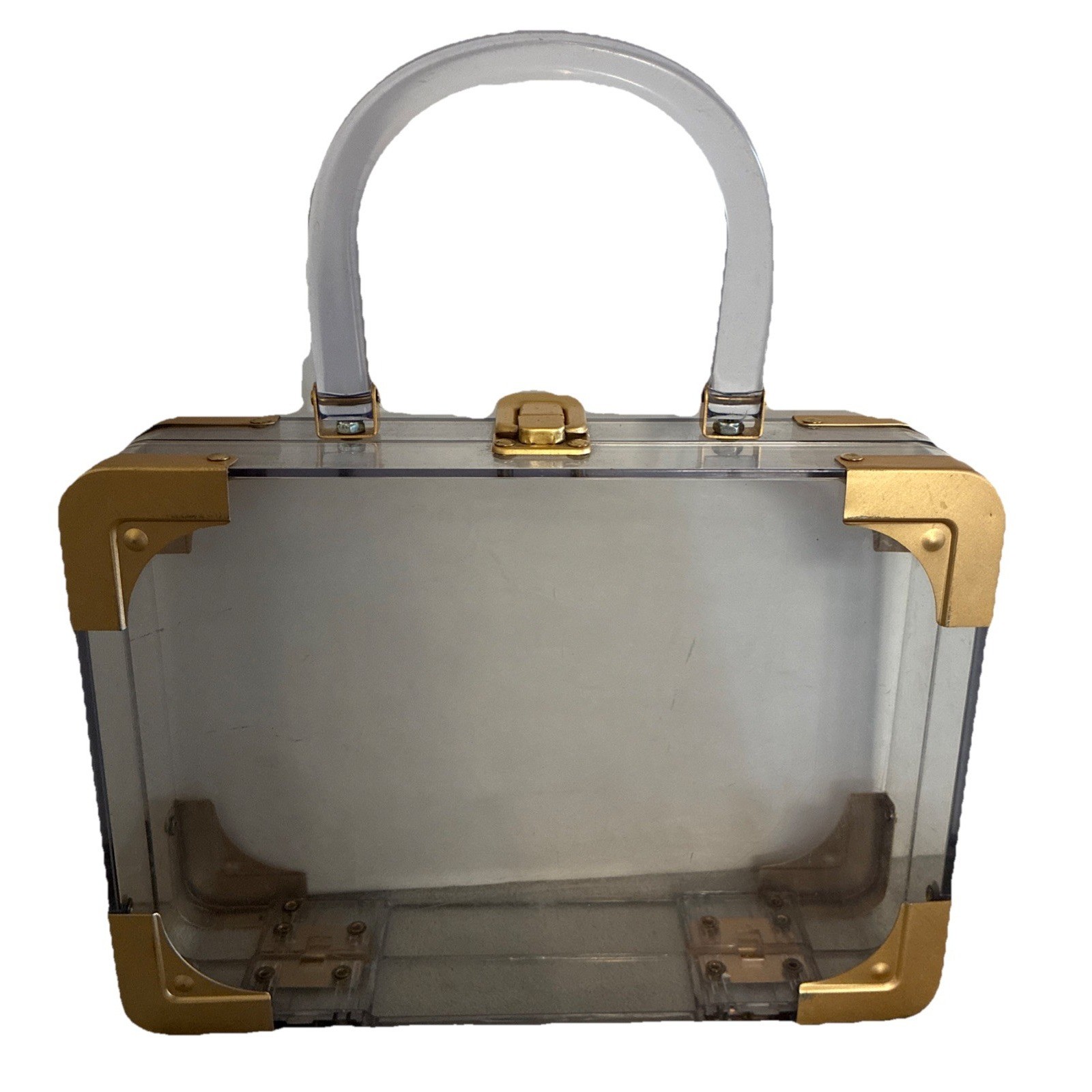 Vintage Clear Lucite Acrylic Box Purse 9.5×7.5×2.5″ Gold Hardware